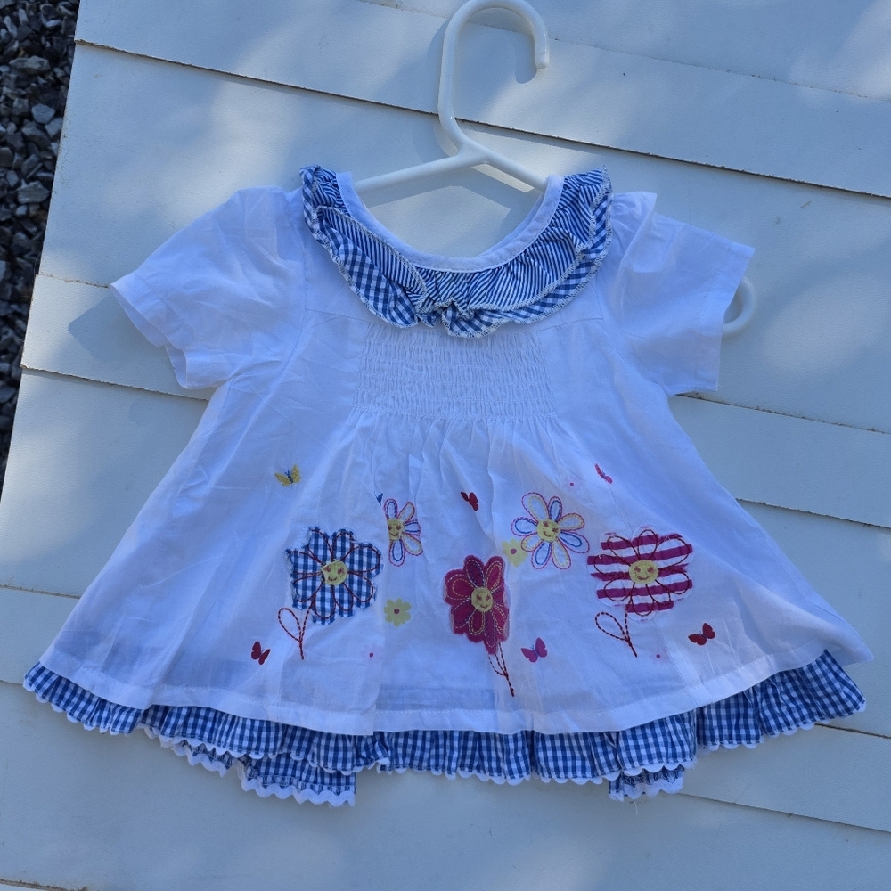 Adorable White and Blue Kids Dress with Floral Embroidery